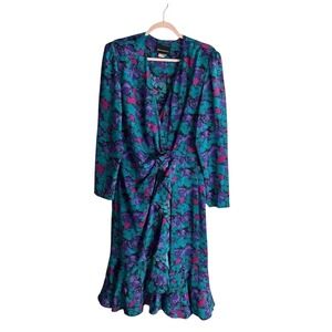 David Mitchell Vintage Cinched Waist Floral Dress w/ Shoulder Pads Sz 15/16 80s